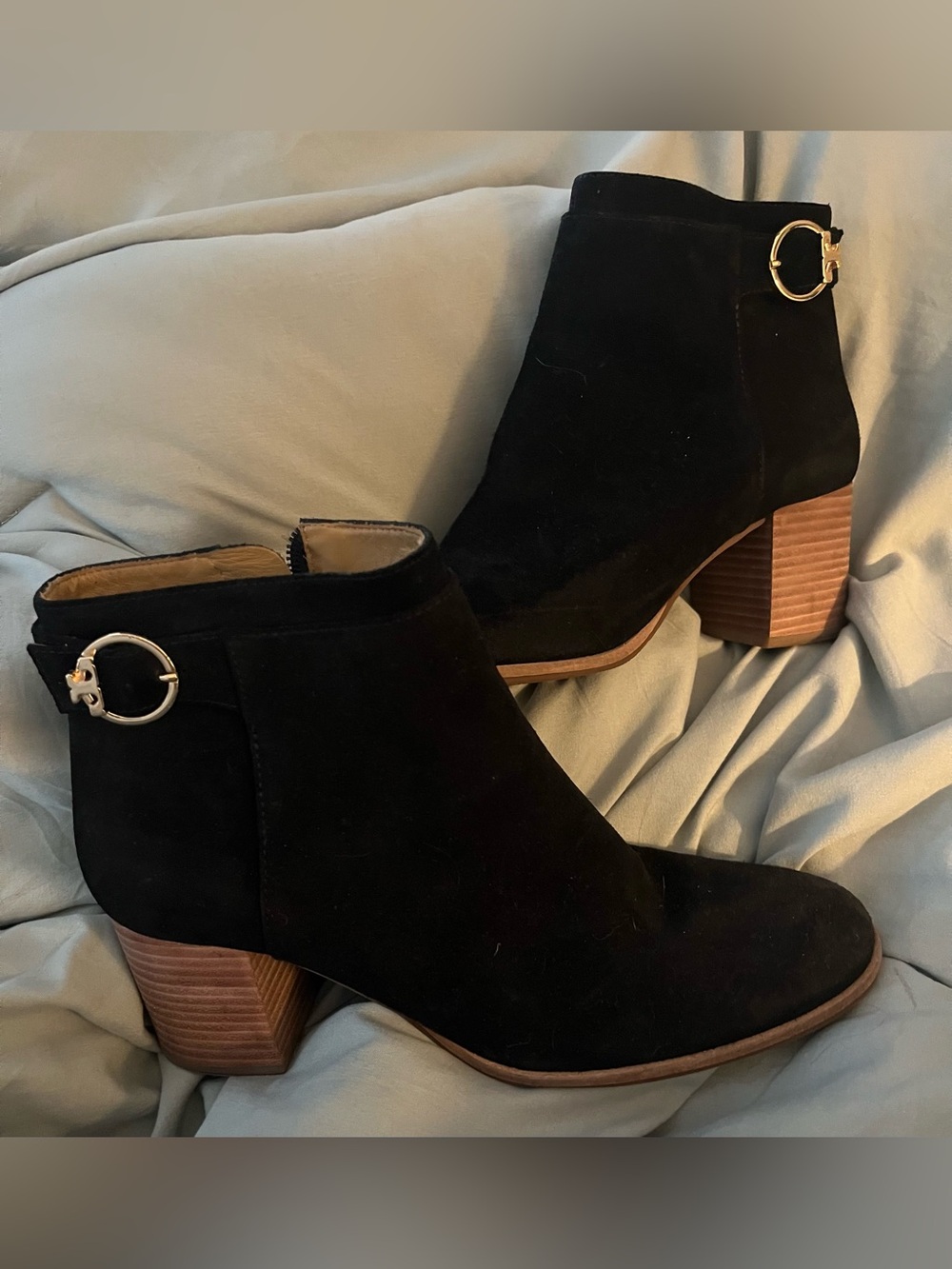 Tory Burch Black Suede Ankle Booties with Gold Ring Detail